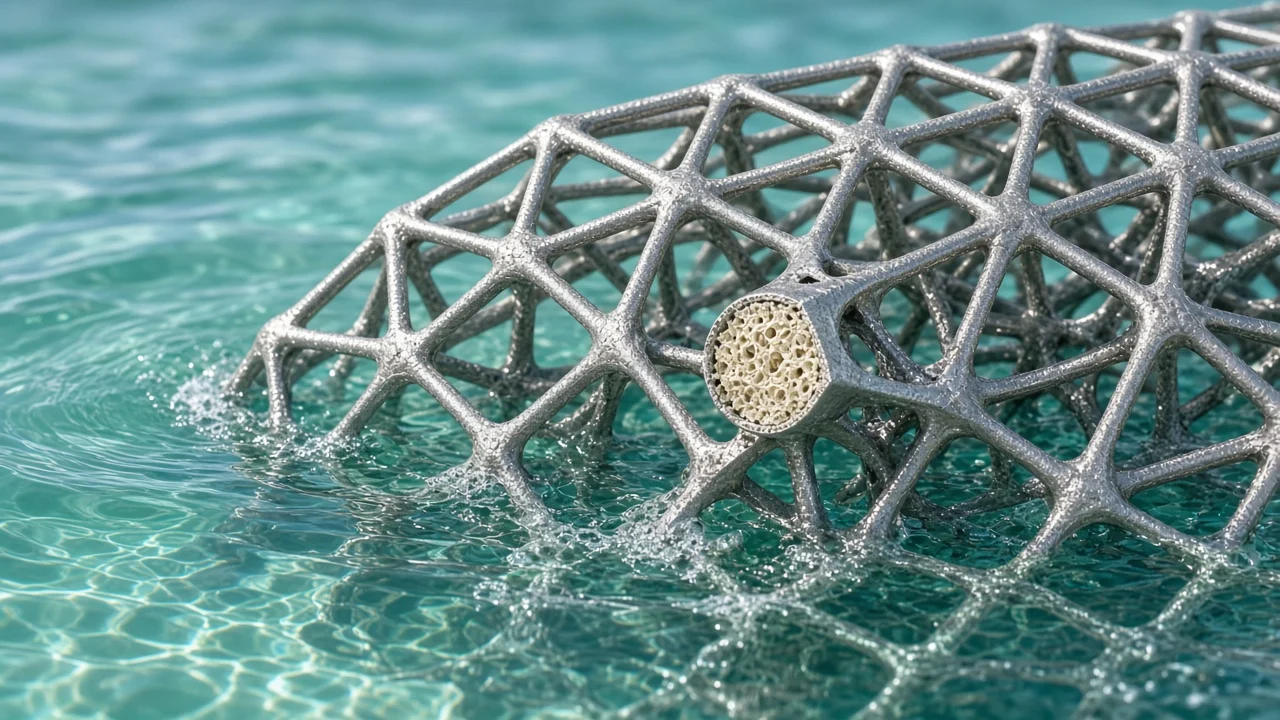 3D printed floating titanium lattice partially submerged in seawater