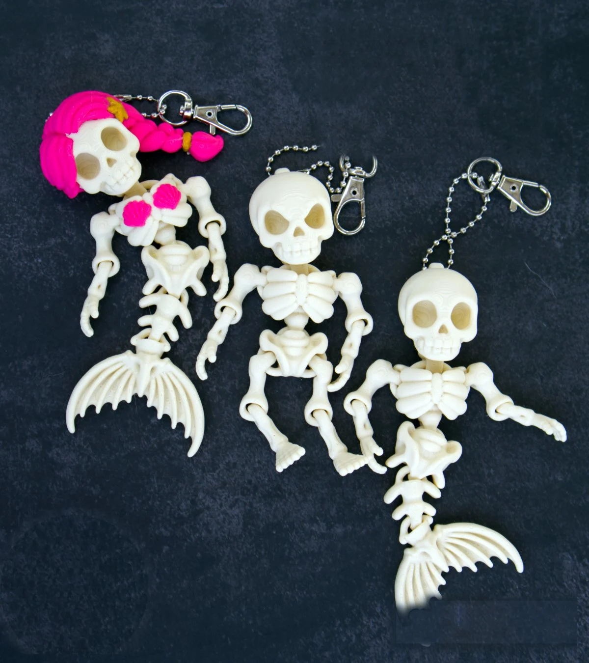 Tiny Skeletons Classic, Mermaid and Pink Hair Mermaid keyrings